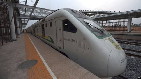 FILE - Nigeria's new standard gauge shuttling between the economic hub of Lagos and Ibadan, the regional capital of southwest Nigeria at the Ebute-Metta Lagos Station, March 16, 2021. The new rail line was built by the China Civil Engineering Construction Corporation. 