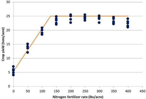 Figure 3. The linear-plateau model. Yield (tons/acre) = 5.5 + 0.151N for N<129 lbs/acre (shoulder point), and Yield = 25 tons/acre (plateau) for N>129 lbs/acre.