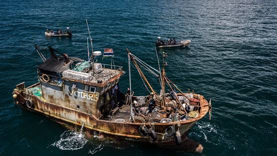 Workers from Senegal and The Gambia usually work on the Chinese fishing boats, often in dangerous conditions (Credit: Fábio Nascimento/The Outlaw Ocean Project)